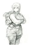  1girl backpack bag belt breasts crossed_arms curvy greyscale highres hunter_rank_e large_breasts looking_to_the_side looking_up monochrome original pantyhose pouch short_hair shorts sketch sleeveless solo thick_thighs thighs 