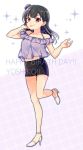  1girl :p ankle_strap bangs belly_peek black_hair black_skirt character_name frills full_body hair_ornament hairpin hand_in_hair happy_birthday high_heels highres long_hair looking_at_viewer love_live! love_live!_sunshine!! miniskirt pencil_skirt purple_shirt shirt side_bun skirt smile solo sparkle standing standing_on_one_leg ton_tokoto tongue tongue_out tsushima_yoshiko typo violet_eyes 