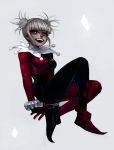  1girl absurdres batman_(series) blonde_hair bodysuit boku_no_hero_academia cosplay dc_comics double_bun eyeshadow hair_bun harley_quinn harley_quinn_(cosplay) highres looking_at_viewer makeup messy_hair nojuro smile solo toga_himiko 