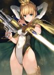  1girl ahoge artoria_pendragon_(all) artoria_pendragon_(swimsuit_archer) blonde_hair braid cape covered_navel crown excalibur expressionless eyebrows_visible_through_hair fate_(series) french_braid glowing glowing_sword glowing_weapon green_eyes gun highleg highleg_swimsuit holding holding_gun holding_sword holding_weapon paseri ribbon saber swimsuit sword thigh_ribbon water_gun weapon 