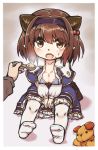  10s 1girl blush breasts brown_hair cleavage doraf fang feeding food granblue_fantasy hairband highres horns looking_at_viewer open_mouth oppai_loli pointy_ears rutsubo simple_background solo_focus thigh-highs yaia_(granblue_fantasy) 