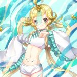  ahoge androgynous blonde_hair blue_background brown_eyes flat_chest jirachi kasuka108 looking_at_viewer makeup midriff navel personification pokemon short_shorts shorts smile solo standing white_shorts wide_sleeves 
