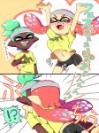  !? &gt;_&lt; +++ 1boy 1girl 2koma arms_up bike_shorts blush breast_press breasts comic dark_skin domino_mask emphasis_lines fangs glomp green_hair happy headband hug inkling kiss long_hair mask minamidena navel nose_blush open_mouth pointing pointy_ears redhead shirt smile splatoon stomach surprised t-shirt tentacle_hair topknot translation_request 
