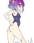  1girl ass bare_shoulders blue_eyes blush breasts covered_navel domino_mask from_side highleg highleg_swimsuit highres inkling junco looking_at_viewer mask one-piece_swimsuit pointy_ears purple_hair short_hair sideboob simple_background solo splatoon swimsuit tentacle_hair white_background 