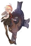  1girl :o ankle_boots bangs blush boots breasts brown_boots brown_legwear dress eyes_visible_through_hair fate/grand_order fate_(series) fingernails full_body glasses hair_over_one_eye hand_up harunoibuki high_heel_boots high_heels jacket leg_up long_sleeves looking_at_viewer medium_breasts necktie one_leg_raised open_clothes open_jacket open_mouth pantyhose pink_hair red_necktie semi-rimless_glasses shield shielder_(fate/grand_order) short_dress short_hair signature simple_background sleeveless sleeveless_dress solo standing standing_on_one_leg violet_eyes white_background 