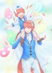  2boys animal_ears cape closed_eyes eliwood_(fire_emblem) father_and_son fire_emblem fire_emblem:_rekka_no_ken fire_emblem_heroes highres male_focus multiple_boys piggyback rabbit_ears redhead roy_(fire_emblem) short_hair smile younger 