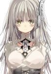  10s 1girl arms_at_sides bangs blush breasts clockwork_planet closed_mouth corset hair_ornament long_hair looking_at_viewer medium_breasts ryuzu_(clockwork_planet) shino_(eefy) silver_hair smile solo upper_body yellow_eyes 