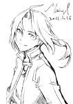  1boy artist_name dated edward_elric eyebrows_visible_through_hair fullmetal_alchemist highres jacket long_hair looking_at_viewer maingl male_focus monochrome ponytail simple_background smile solo_focus white_background 