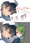  1boy 1girl 2koma admiral_(kantai_collection) black_hair blue_bow blue_bowtie bow bowtie braid closed_eyes closed_mouth collared_shirt comic drooling ebifurya faceless faceless_male green_hair hand_on_another&#039;s_shoulder hat heart highres kantai_collection long_hair mole mole_under_mouth open_mouth peaked_cap shaded_face shirt single_braid smile spoken_heart sweat white_shirt yuugumo_(kantai_collection) 