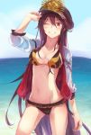  1girl beach bikini black_bikini black_hair buster_shirt cowboy_shot demon_archer eyebrows_visible_through_hair fate/grand_order fate_(series) groin hat highres horizon jacket koha-ace long_hair lowleg lowleg_bikini ocean oda_nobunaga_(swimsuit_berserker)_(fate) one_eye_closed peaked_cap red_eyes solo swimsuit tomozero white_jacket 