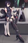  2girls alien armband armor black_air boots cyborg destiny_(game) detached_sleeves green_hair kuroda_kuwa looking_at_viewer mecha_musume multiple_girls neon_trim one_leg_raised parts_exposed personification redhead sitting siva_(destiny) tagme thigh-highs 