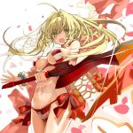  1girl :d ahoge bangs bare_shoulders bikini blonde_hair blush breasts cowboy_shot fate/grand_order fate_(series) green_eyes groin hair_intakes holding holding_sword holding_weapon large_breasts long_hair looking_at_viewer navel nero_claudius_(swimsuit_caster)_(fate) open_mouth saber_extra scrunchie shino_(eefy) side-tie_bikini smile solo stomach striped striped_bikini swimsuit sword twintails weapon wrist_scrunchie 