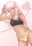  1girl absurdres armpits arms_behind_back bangs bare_arms bare_shoulders black_bra blush bow bow_panties bowtie bra bra_strap breasts camisole chloe_von_einzbern closed_mouth collarbone cowboy_shot dark_skin eyebrows_visible_through_hair eyelashes fate/kaleid_liner_prisma_illya fate_(series) gluteal_fold gradient gradient_background gradient_eyes hair_between_eyes hand_to_head hand_up heart heart_of_string highres legs_apart lips long_hair looking_at_viewer midriff multicolored multicolored_eyes nanamira_bi navel one_side_up orange_bow orange_bowtie orange_eyes panties pink_hair side_ponytail small_breasts smile solo stomach striped striped_camisole striped_panties underwear underwear_only w yellow_eyes 