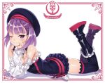  1girl bangs detached_sleeves fate/grand_order fate_(series) flat_chest hat helena_blavatsky_(fate/grand_order) looking_at_viewer lying matsuryuu one_eye_closed purple_hair short_hair smile soli the_pose thigh-highs violet_eyes zettai_ryouiki 