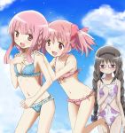  3girls :d akemi_homura bangs bikini black_hair blue_bikini blush bow braid character_request clenched_hand commentary_request floral_print frilled_bikini frills front-tie_top hair_bow hairband halterneck hand_on_own_chest hands_on_another&#039;s_shoulders highres kaname_madoka kinfuji mahou_shoujo_madoka_magica midriff multiple_girls navel open_mouth pink_bikini pink_bow pink_eyes pink_hair red-framed_eyewear red_eyes smile swimsuit twin_braids twintails violet_eyes 