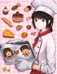  1girl baguette baking_sheet bangs black_hair blunt_bangs blush bread brown_eyes cake chef_hat chef_uniform cherry closed_mouth cookie copyright_name critter100 cupcake doughnut food from_side fruit hat heart kazehaya_shouta kimi_ni_todoke kuronuma_sawako long_hair looking_at_viewer macaron oven_mitts pink_background plaid plaid_background pretzel short_hair slice_of_cake smile solo strawberry swiss_roll watermark 