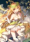  1girl ahoge bangs bible_bullet bison_cangshu blonde_hair blurry breasts butterfly depth_of_field dress elbow_gloves eyebrows_visible_through_hair gloves hair_between_eyes hand_up highres long_hair looking_at_viewer official_art open_mouth petals small_breasts smile solo standing tareme thigh-highs white_dress white_gloves white_legwear wreath yellow_eyes 