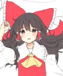  1girl arm_up ascot bangs black_eyes black_hair blush bow cheunes commentary_request detached_sleeves eyebrows_visible_through_hair hair_between_eyes hair_bow hair_tubes hakurei_reimu long_hair looking_at_viewer open_mouth red_bow red_string sidelocks solo string touhou upper_body 