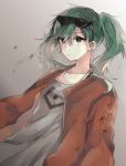  1girl bangs closed_mouth collarbone expressionless gradient gradient_background green_eyes green_hair grey_hair grey_shirt hair_between_eyes hatsune_miku jacket long_hair open_clothes open_jacket red_jacket shirt solo suna_no_wakusei_(vocaloid) sunglasses sunglasses_on_head tsurime twintails umigumo_yuuna upper_body vocaloid 