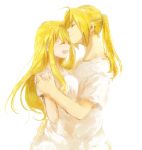  1boy 1girl blonde_hair blush closed_eyes couple earrings edward_elric eyebrows_visible_through_hair forehead_kiss fullmetal_alchemist hand_on_another&#039;s_hip hands_together happy hetero jewelry kiss long_hair open_mouth ponytail shirt simple_background smile tsukuda0310 white_background white_shirt winry_rockbell 