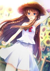  1girl aqua_eyes blue_eyes blurry blush braid brown_hair depth_of_field dress flower hat highres idolmaster idolmaster_million_live! kousaka_umi long_hair looking_at_viewer open_mouth ro_risu smile solo straw_hat sundress sunflower twin_braids 