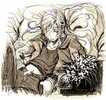  1boy alphonse_elric androgynous black_shirt conqueror_of_shambala eyebrows_visible_through_hair flower frown fullmetal_alchemist greyscale jacket kiwakiwa long_hair looking_away lowres male_focus monochrome navel open_pants pants pillow shirt solo_focus 