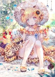  1girl :3 bangs bare_legs beach blonde_hair blue_eyes blush closed_mouth cup day dress eyebrows_visible_through_hair feet flower food fruit grapes hair_flower hair_ornament hat highres holding holding_cup knees_up leopard leopard_ears leopard_tail looking_at_viewer mouth_hold onineko orange orange_(fruit) orange_slice original outdoors sandals seashell shell short_dress short_hair sitting solo spoon star starfish sun_hat sunflower sunglasses tareme toes water_drop white_dress white_hat 