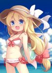  1girl arms_behind_back baku_ph ball beachball bikini blonde_hair blue_eyes clouds day fairy_wings hat lily_white long_hair low_ponytail navel ocean open_mouth sky smile solo sun_hat swimsuit touhou water wings 