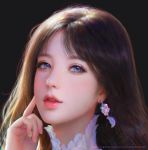  1girl bangs blue_eyes brown_hair close-up crescent earrings face fingernails hand_on_own_face jewelry lips looking_at_viewer nose original parted_bangs parted_lips portrait realistic ruoxin_zhang solo watermark web_address 