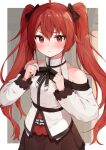  1girl absurdres ahoge bare_shoulders blush border bow bowtie commentary_request eris_greyrat eyebrows_visible_through_hair hair_between_eyes hair_bow highres long_hair long_sleeves looking_at_viewer mushoku_tensei racchi. redhead solo twintails white_border 