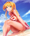  1girl ahoge bare_shoulders beach bikini blonde_hair breasts clouds day erect_nipples fate/grand_order fate_(series) green_eyes hair_intakes highres horizon nero_claudius_(swimsuit_caster)_(fate) partially_submerged ryokucha_(i_cobalt) sand side-tie_bikini sitting sky smile striped striped_bikini swimsuit twintails water wet 