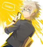  1boy back blonde_hair bracelet cellphone copyright_name glasses grey_eyes hiraoka_daisuke jewelry male_focus phone shirobako solo spiky_hair takerusilt upper_body white_background 