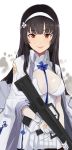  1girl :q assault_rifle bangs black_hair brown_eyes bullpup closed_mouth eyebrows_visible_through_hair finger_on_trigger girls_frontline gloves gun hairband highres holding holding_gun holding_weapon jacket_on_shoulders licking_lips long_hair looking_at_viewer pinch_(nesume) pleated_skirt qbz-95 qbz-95_(girls_frontline) rifle skirt smile solo tongue tongue_out weapon white_gloves white_skirt 