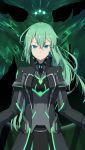  armor blue_eyes coat crota destiny_(game) gloves green_hair kuroda_kuwa neon_trim personification ponytail sword tagme weapon 