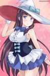  1girl arm_at_side bangs bare_arms bare_shoulders blue_bow blue_bowtie blue_eyes blunt_bangs blush bow bowtie breasts buttons center_frills commentary_request cowboy_shot dress eyebrows_visible_through_hair frilled_dress frilled_skirt frills hand_on_headwear hand_up hat hat_bow legs_together long_hair looking_at_viewer medium_breasts new_game! parted_lips purple_hair short_dress sidelocks skirt sleeveless sleeveless_dress solo standing takimoto_hifumi tasora twitter_username very_long_hair white_hat wrist_cuffs 