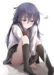  1girl akatsuki_(kantai_collection) black_legwear blush commentary convenient_leg highres kantai_collection kneehighs long_sleeves looking_down miyabino_(miyabi1616) panties panties_around_leg purple_hair tears underwear wavy_mouth white_panties 