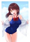  1girl bangs bare_shoulders blue_sky blue_swimsuit blush breasts brown_eyes brown_hair clouds commentary_request covered_navel day double_v erect_nipples eri_(resia) eyebrows_visible_through_hair highres long_hair looking_at_viewer new_school_swimsuit no_pants one-piece_swimsuit one_eye_closed open_clothes open_mouth open_shirt original outdoors school_swimsuit shirt sky smile solo standing swimsuit swimsuit_under_clothes v wet white_shirt 