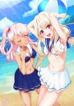  2girls :3 :d absurdres armpits arms_up artist_name ball bangs beach bikini bird blue_bikini blue_skirt blush breasts brown_eyes chloe_von_einzbern cleavage clouds cloudy_sky cowboy_shot dark_skin day eyebrows_visible_through_hair fate/kaleid_liner_prisma_illya fate_(series) gradient gradient_eyes hair_between_eyes hair_ornament hair_ribbon hand_on_hip highres holding holding_ball illyasviel_von_einzbern legs_apart legs_together long_hair looking_at_viewer midriff miniskirt multicolored multicolored_eyes multiple_girls nanamira_bi navel ocean one_side_up open_mouth orange_eyes outdoors parted_lips pink_hair red_eyes red_ribbon ribbon round_teeth sailor_bikini sailor_collar sand side_ponytail skirt sky small_breasts smile stomach sunlight sweat swimsuit teeth twintails twitter_username upper_teeth v water white_bikini white_sailor_collar white_skirt 