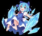  1girl baku_ph barefoot black_background blue_dress blue_eyes blue_hair bow cirno dress feet ice ice_crystal ice_wings open_mouth outstretched_arms ribbon short_hair simple_background smile soles solo toes touhou wings 