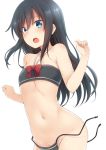  1girl asashio_(kantai_collection) bandeau bare_shoulders bikini black_bikini black_hair blue_eyes blush breasts halterneck kantai_collection long_hair nagami_yuu navel open_mouth side-tie_bikini sidelocks simple_background small_breasts solo swimsuit untied untied_bikini wardrobe_malfunction white_background 