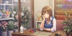  10s 1girl anbe_yoshirou apron arm_support blush brown_hair flower flower_shop green_eyes highres idolmaster idolmaster_cinderella_girls jewelry long_hair looking_at_viewer necklace newspaper scissors shibuya_rin shop solo table 