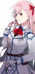  1girl asymmetrical_bangs bangs biting blush bow closed_mouth dress eyebrows_visible_through_hair girls_frontline glove_biting gloves hair_bow hair_ornament hair_ribbon hexagram long_hair long_sleeves looking_at_viewer military military_uniform negev_(girls_frontline) one_side_up pinch_(nesume) pink_hair red_bow red_ribbon ribbon simple_background smile solo star_of_david tsurime uniform white_background white_dress white_gloves 