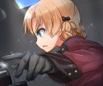  10s 1girl bangs black_bow black_gloves blue_eyes blurry bow braid depth_of_field epaulettes from_side girls_und_panzer gloves hair_bow jacket kitayama_miuki long_sleeves military military_uniform motion_blur orange_hair orange_pekoe parted_lips red_jacket serious short_hair solo st._gloriana&#039;s_military_uniform tied_hair twin_braids uniform upper_body 