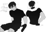  10s 1boy ? boku_no_hero_academia dpik glasses gloves greyscale hand_on_hip iida_tenya looking_to_the_side male_focus monochrome muscle open_mouth simple_background sitting skin_tight solo sweat towel towel_around_neck twitter_username upper_body white_background 