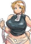  1girl bakugeki_no_g blonde_hair blue_eyes breasts curvy giantess ground_vehicle hand_on_hip hunter_rank_e large_breasts looking_at_viewer original parted_lips short_hair sketch sleeveless solo train wide_hips 