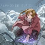  1boy absurdres ahoge alphonse_elric brown_eyes brown_hair character_name cloak conqueror_of_shambala electricity fullmetal_alchemist gloves highres hood hooded_cloak long_hair ponytail rubble smile solo 