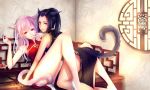  2girls all_fours animal_ears black_hair blush cat_ears cat_tail character_request cherry china_dress chinese_clothes closed_mouth dress final_fantasy final_fantasy_xiv food fruit heterochromia highres holding holding_food long_hair looking_at_viewer multiple_girls pink_hair red_eyes smile tail violet_eyes vv_sama yellow_eyes 