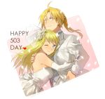  1boy 1girl ;) blonde_hair blue_eyes bridal_veil couple dress edward_elric elbow_gloves eyebrows_visible_through_hair flower formal fullmetal_alchemist gloves hand_on_another&#039;s_shoulder hands_on_another&#039;s_hips heart hetero hug looking_at_viewer number one_eye_closed pearl_earrings petals pink_background ponytail riru rose simple_background smile suit veil wedding_dress white_background winry_rockbell yellow_eyes 