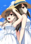  10s 2girls arms_behind_back back-to-back bangs brown_eyes brown_hair closed_mouth clouds cloudy_sky day dress girls_und_panzer hands_on_headwear hat hikyakuashibi light_brown_hair long_hair looking_at_another looking_back mika_(girls_und_panzer) multiple_girls open_mouth outdoors shimada_arisu sky smile standing straw_hat sun_hat sundress upper_body white_dress 