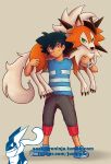  1boy black_hair brown_eyes dog green_eyes highres junaip3r lycanroc orange_fur pokemon pokemon_(anime) pokemon_sm_(anime) satoshi_(pokemon) z-crystal z-ring 